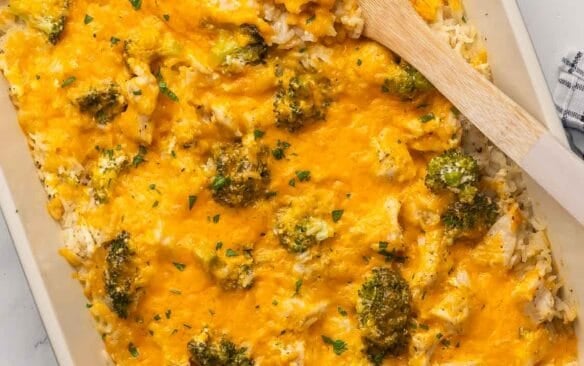 overhead shot of a full pan of chicken broccoli rice casserole.