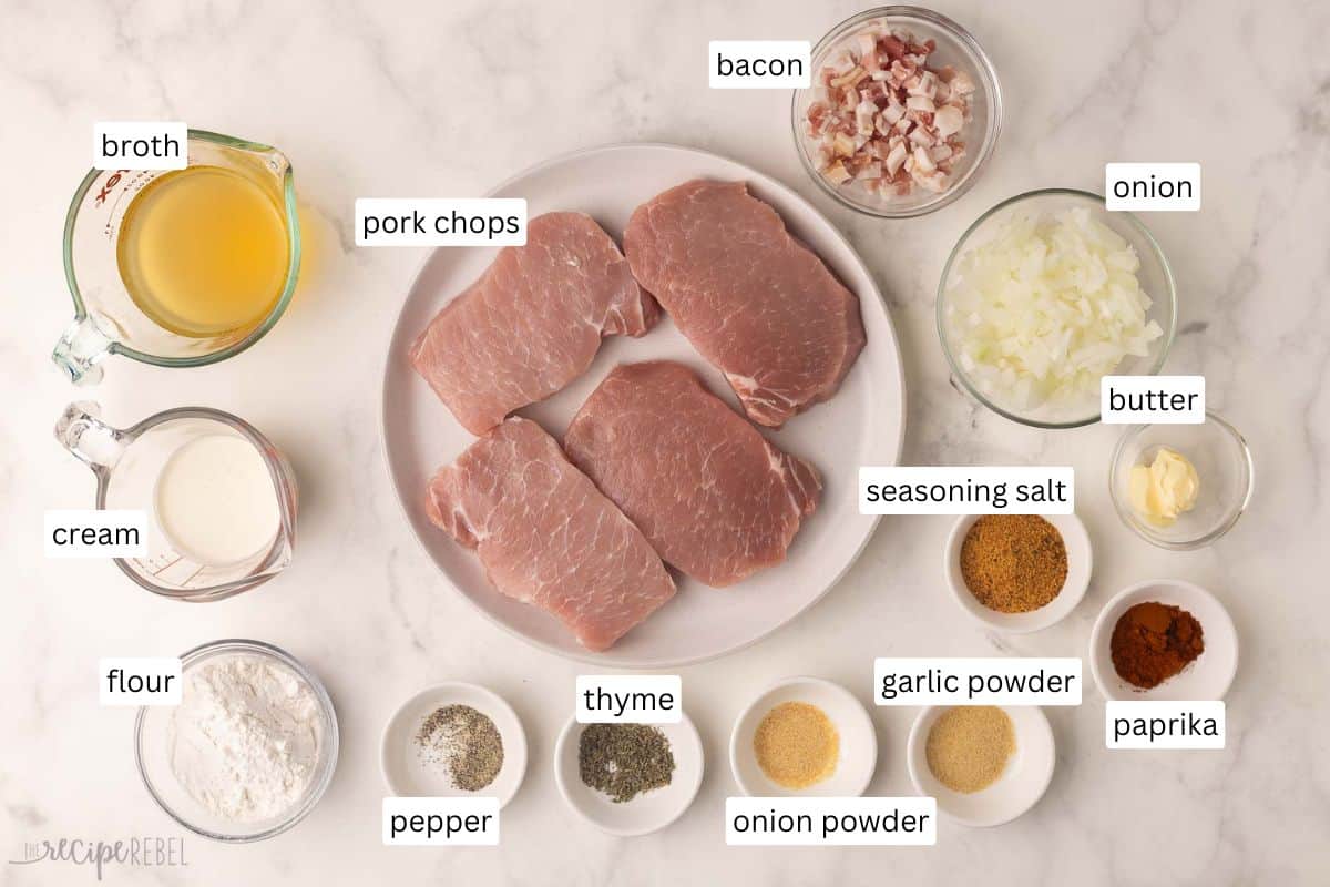 ingredients needed for smothered pork chops in bowls and plate.