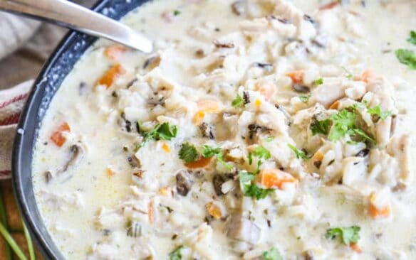 bowl of slow cooker chicken and wild rice soup