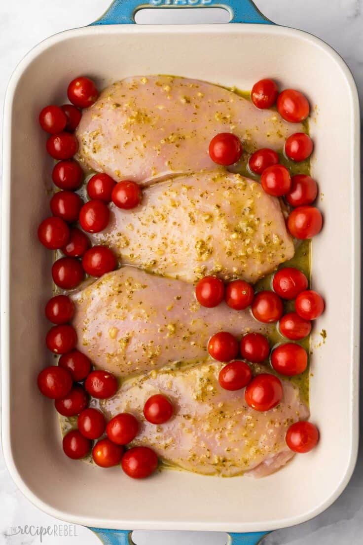 chicken breasts and tomatoes in baking dish.