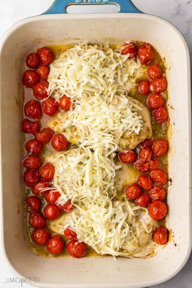 mozzarella cheese added to baked chicken breasts.