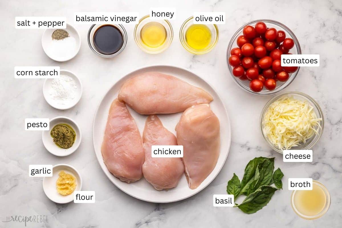 ingredients needed for baked chicken caprese in bowls and plate.