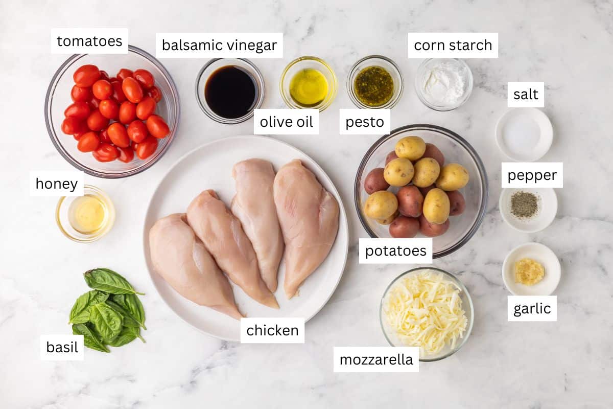 ingredients needed for chicken caprese chicken and potatoes in bowls.
