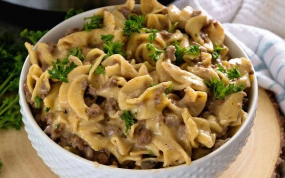 close up of instant pot beef stroganoff in a white bowl