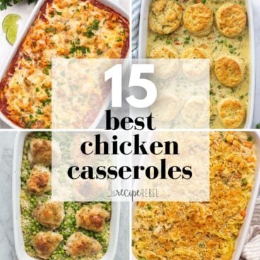 square collage with four chicken casserole recipe images and text.