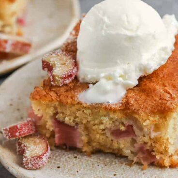 piece of rhubarb cake with vanilla ice cream