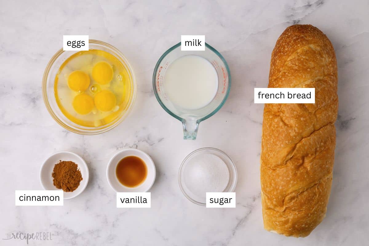 ingredients needed for air fryer french toast in bowls.