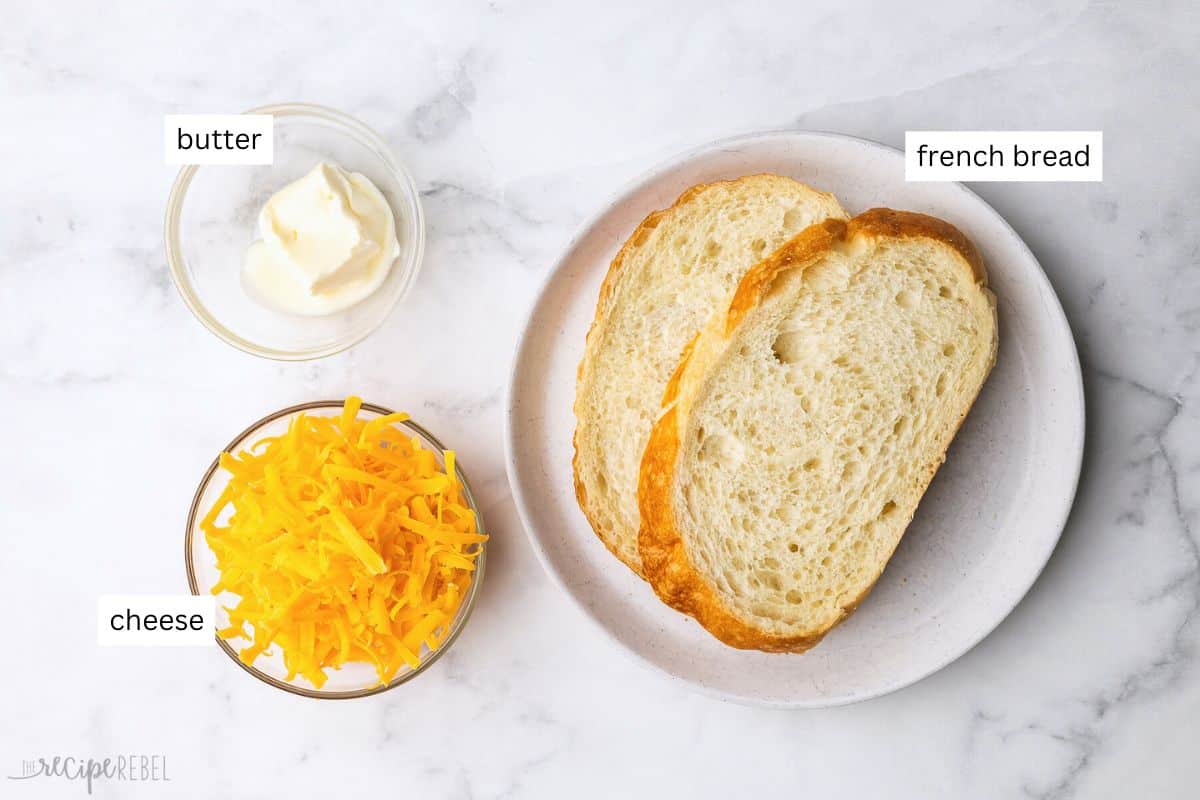 ingredients needed for air fryer grilled cheese in bowls and plate.