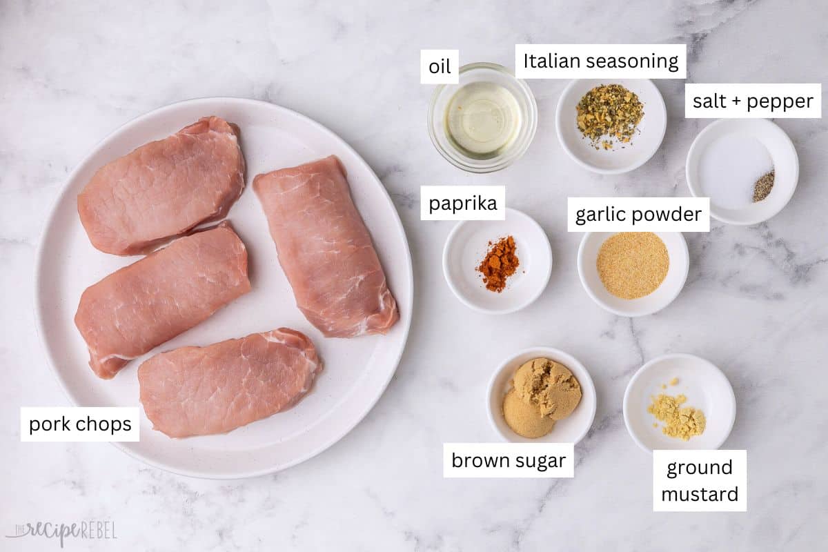 ingredients needed for air fryer pork chops in bowls and plate.