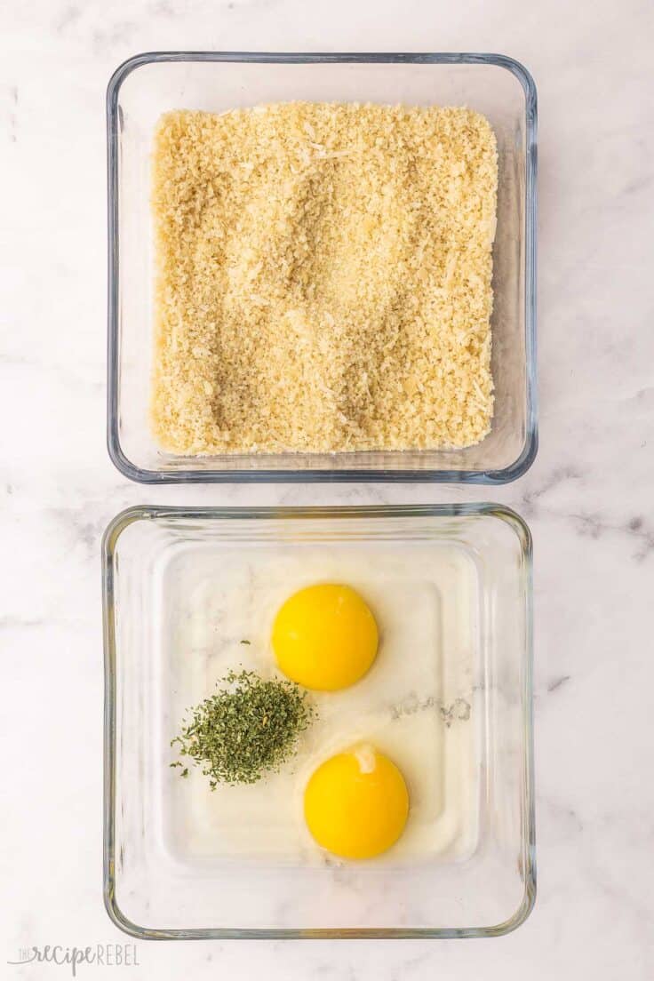 egg and crumb coatings being prepped in glass containers.