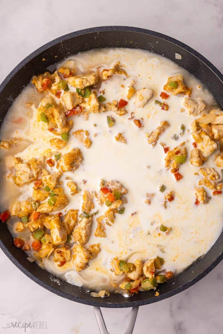 milk and broth added to pan of cooked ingredients.