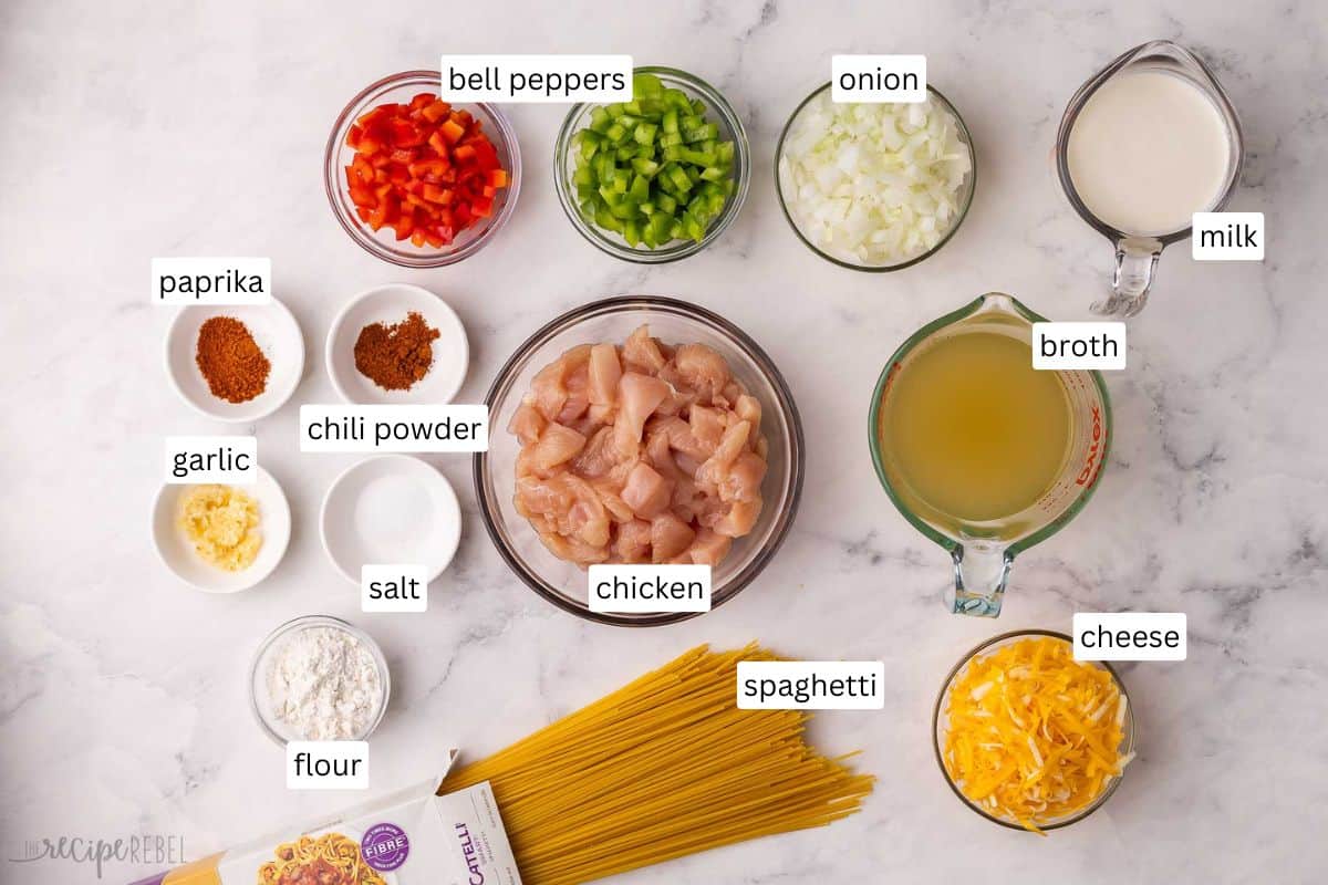 ingredients needed for chicken spaghetti in bowls.