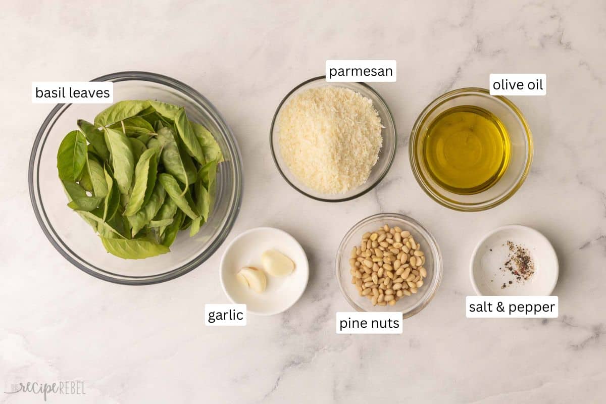 ingredients needed for homemade basil pesto in bowls.