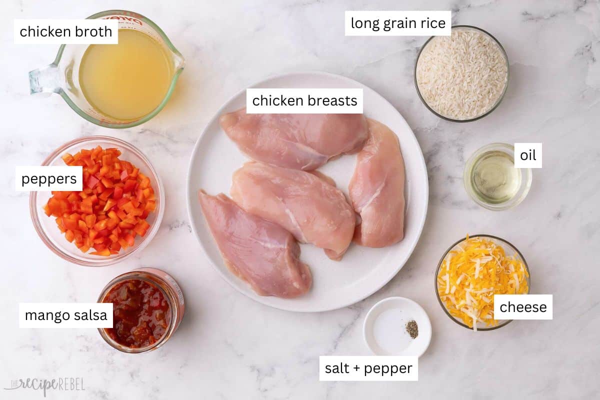 ingredients needed for mango salsa chicken and rice in bowls and plate.