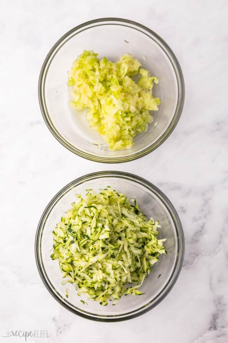 shredded zucchini and apple in glass bowls.