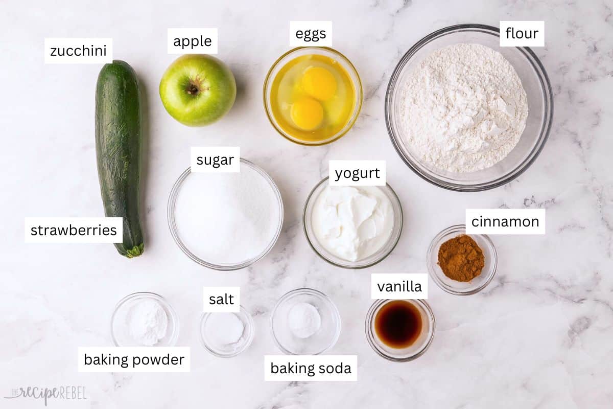 ingredients needed for zucchini apple bread in bowls.