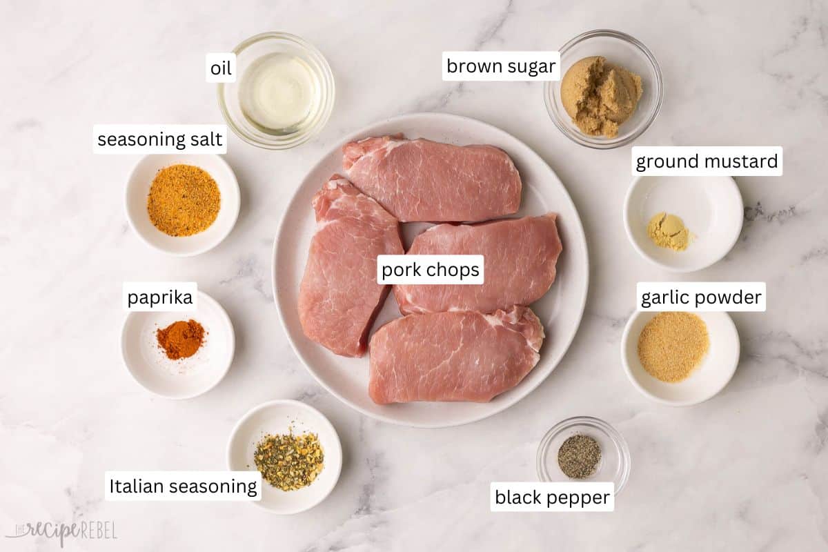 ingredients needed for baked pork chops in bowls and plate.