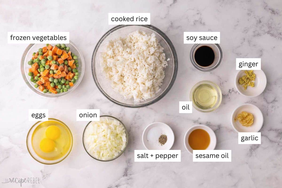 ingredients needed for easy fried rice in bowls.