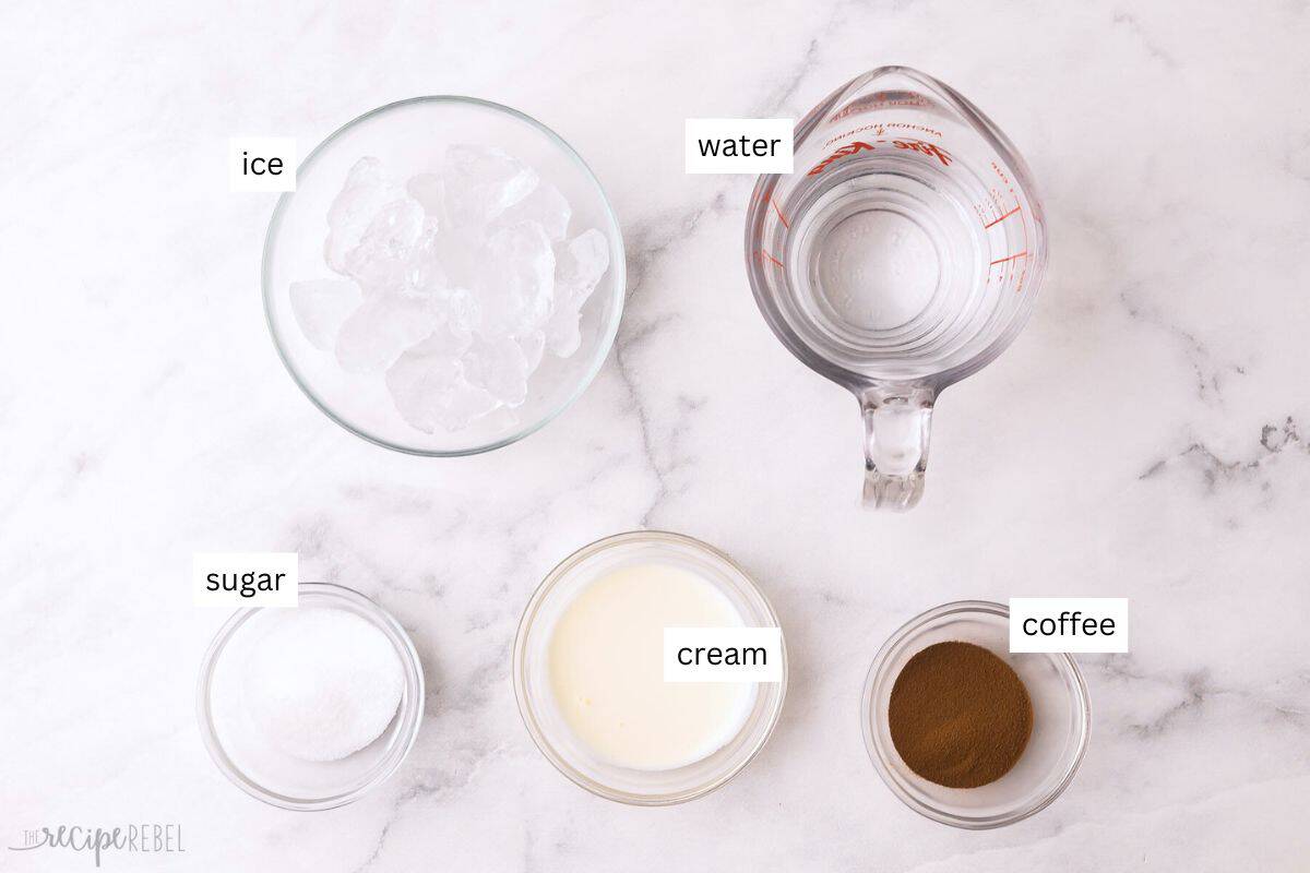 ingredients needed for frappuccino in bowls.