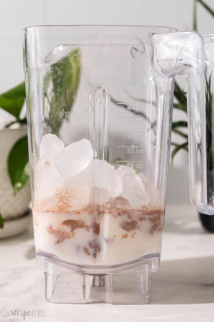 ingredients for frozen hot chocolate in blender.