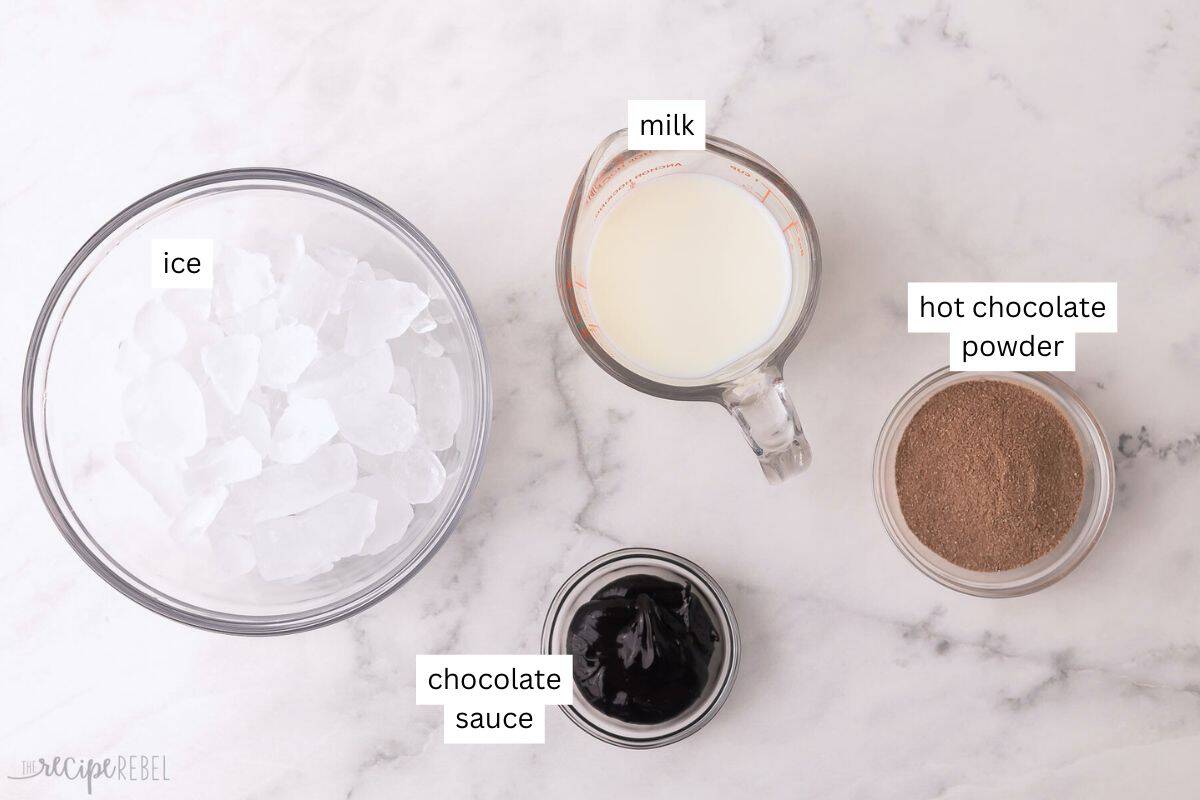 ingredients needed for frozen hot chocolate in bowls.