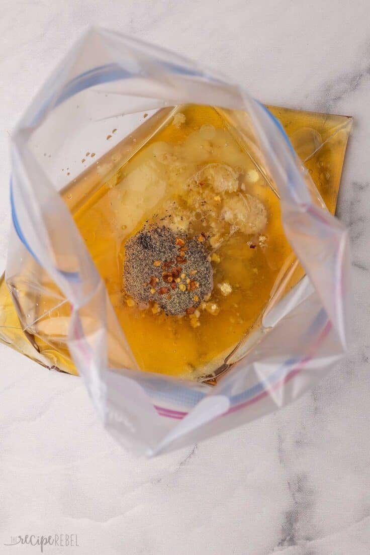 a resealable bag filled with marinade ingredients.