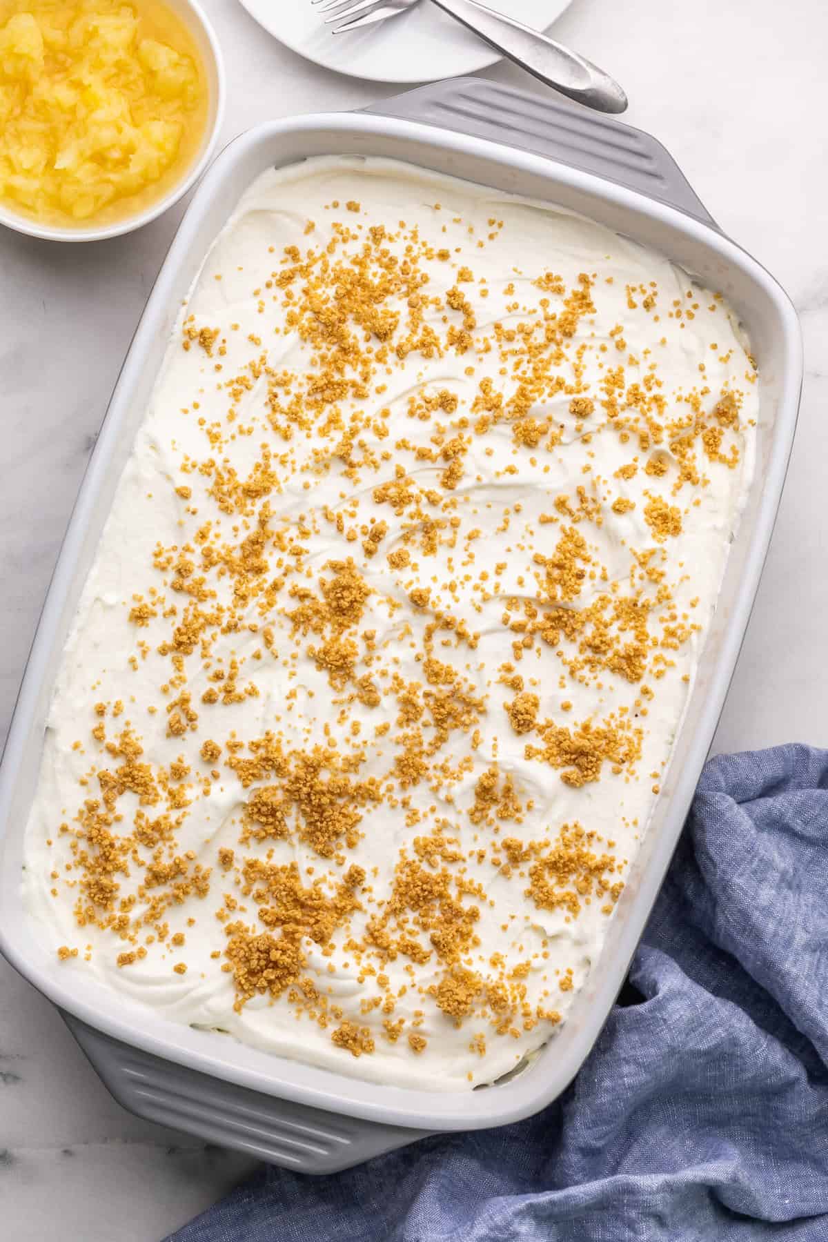 large pan full of pineapple dessert.