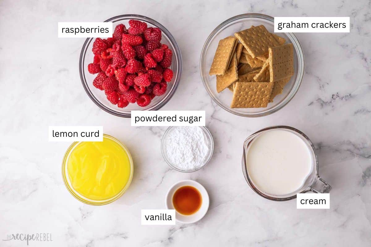 ingredients needed for no bake lemon raspberry icebox cake in bowls.