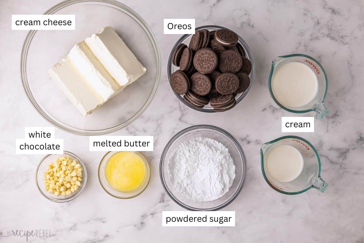ingredients needed for no bake oreo cheesecake in bowls.