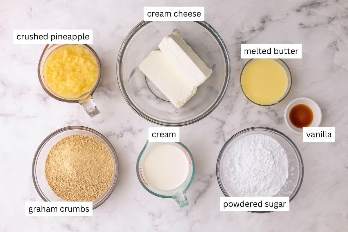 ingredients needed for no bake pineapple dessert in bowls.