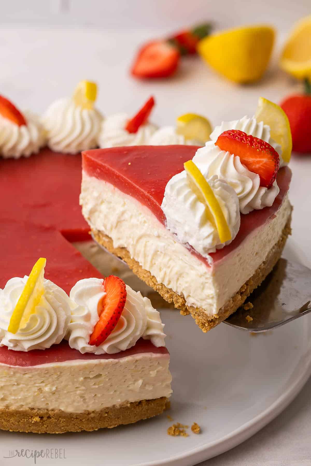 a piece of strawberry lemonade cake being served.