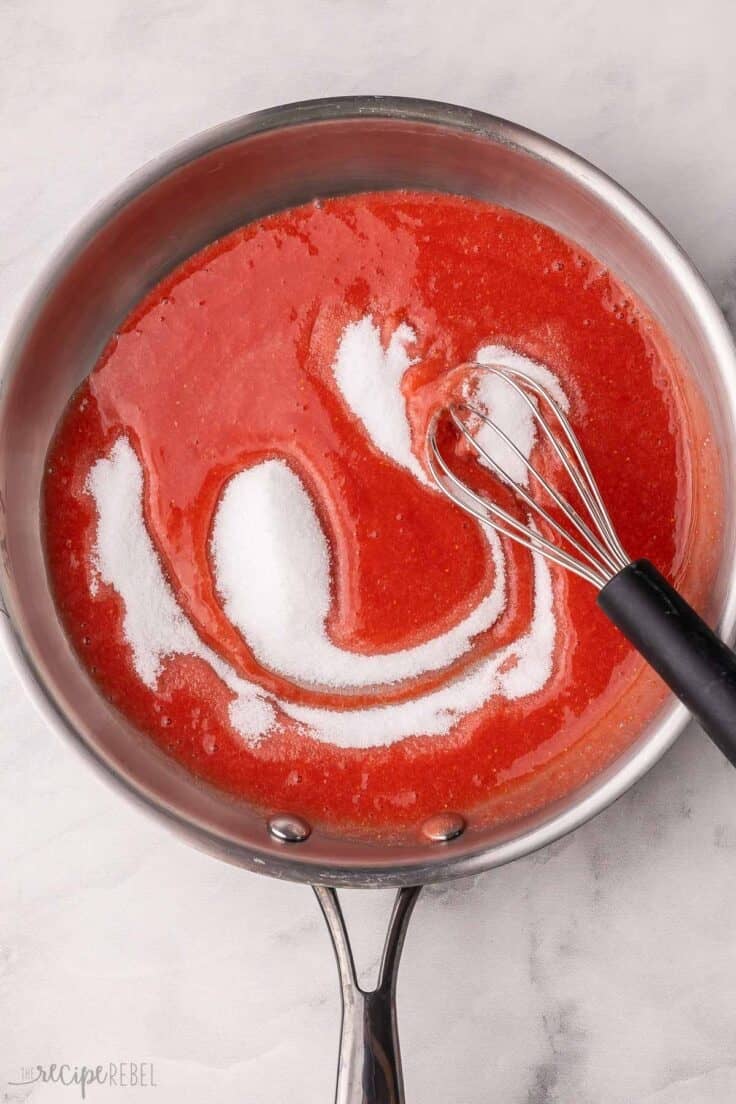 sugar added to pan of strawberry puree.