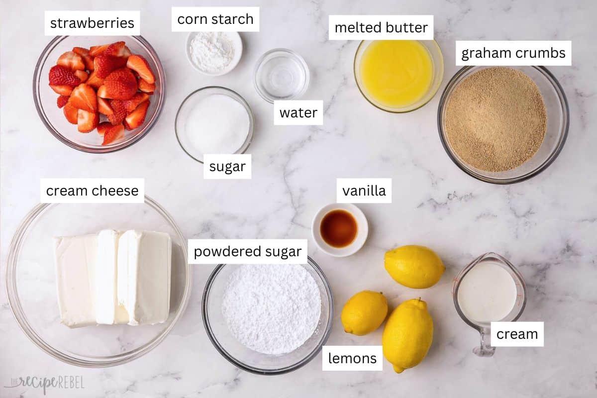 ingredients needed for no bake strawberry lemonade cheesecake in bowls.