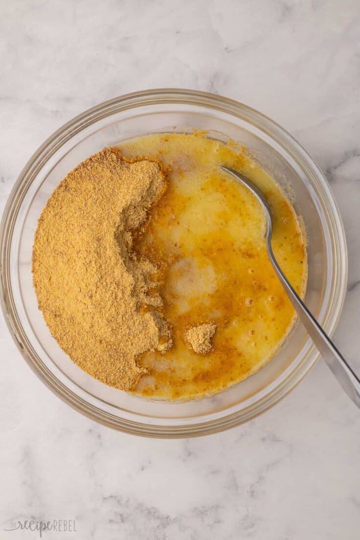 unmixed crust ingredients in glass mixing bowl.