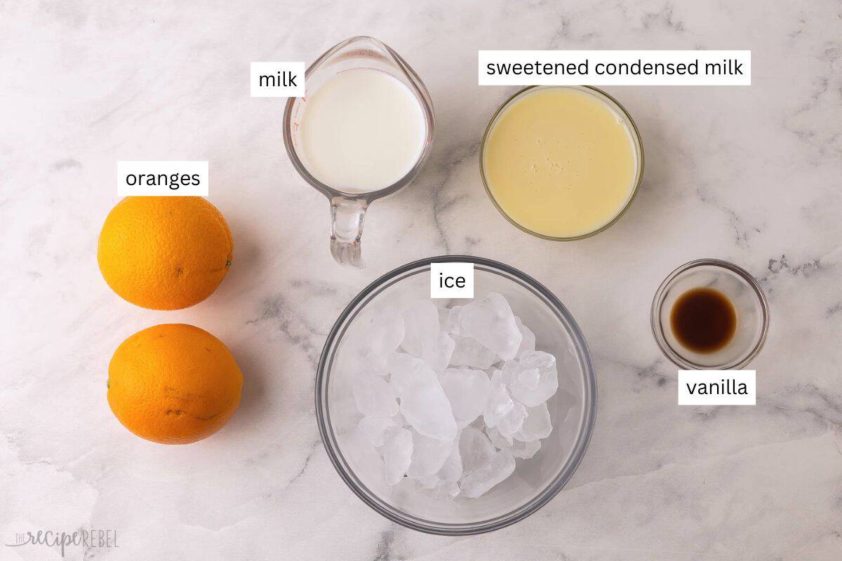 ingredients needed for orange creamsicle slushy in bowls.