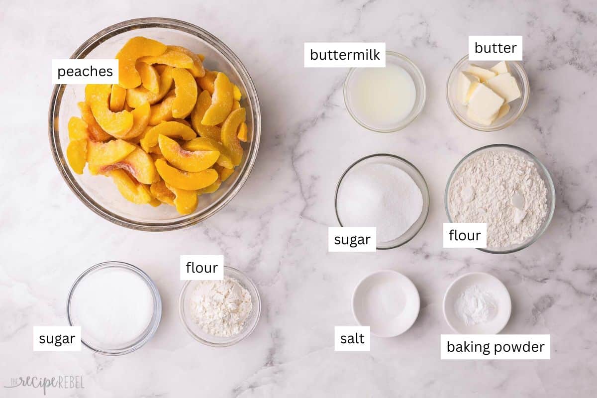 ingredients needed for peach cobbler in bowls.