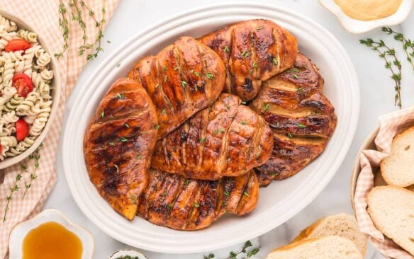 maple dijon chicken on a white serving plate