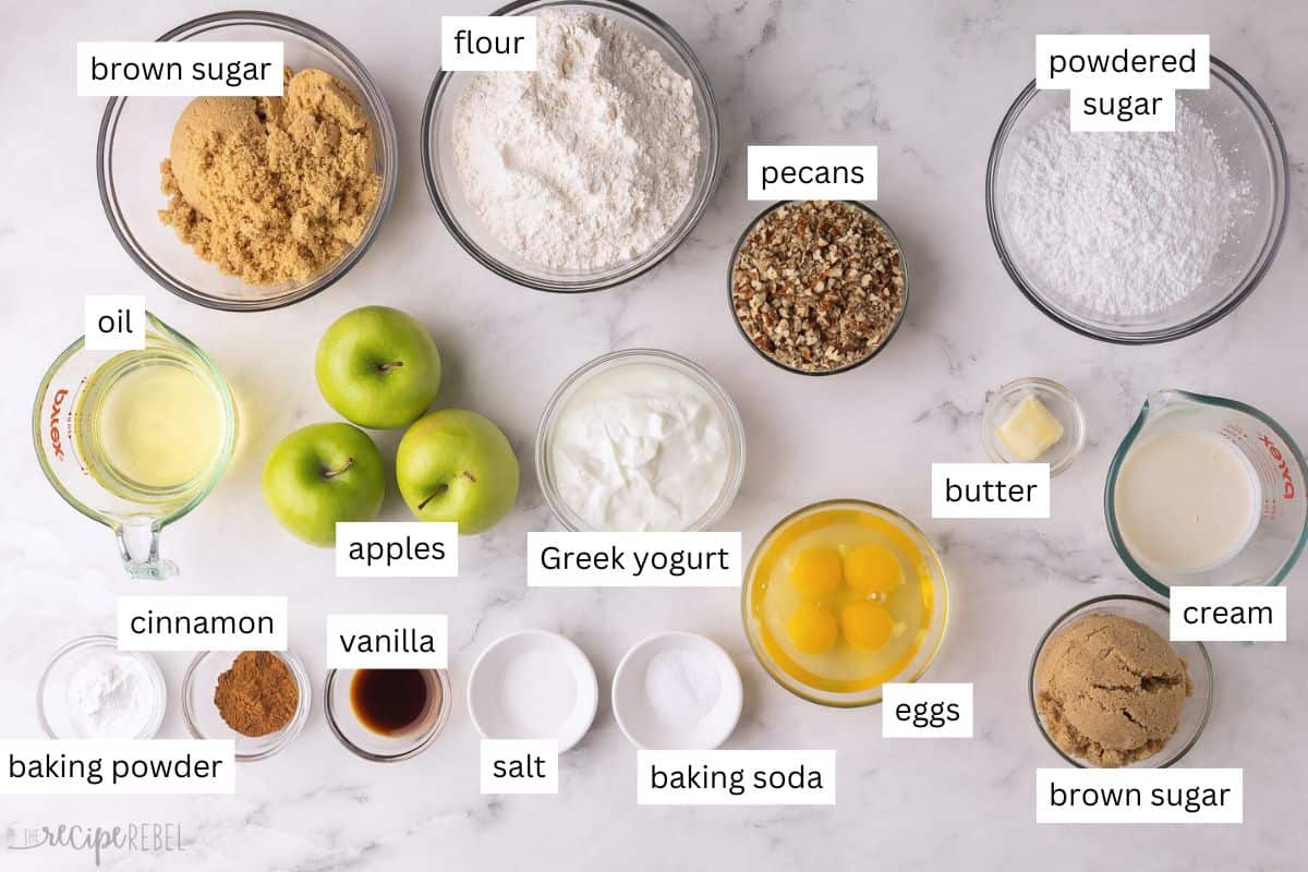 ingredients needed for apple bundt cake in bowls.
