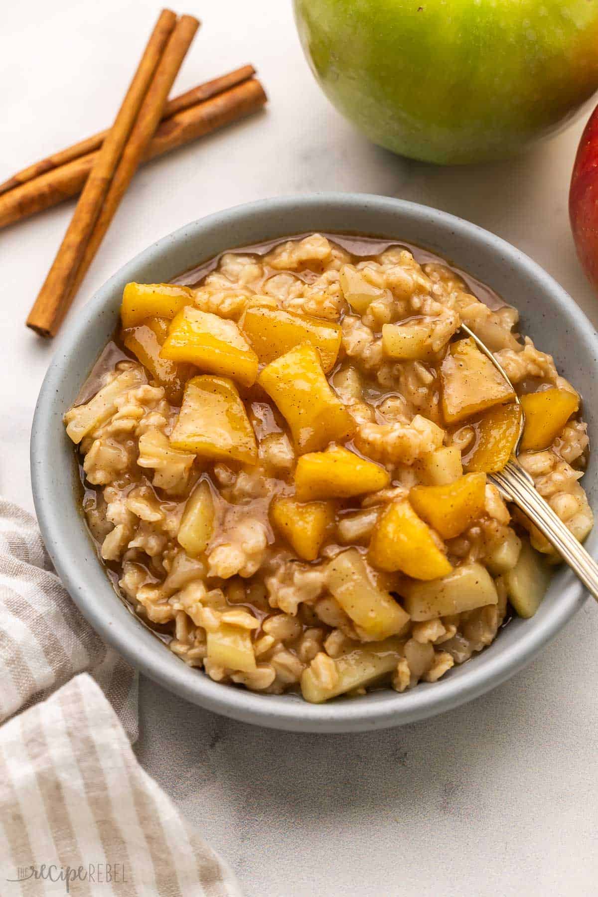 grey bowl filled with oatmeal and apples beside.