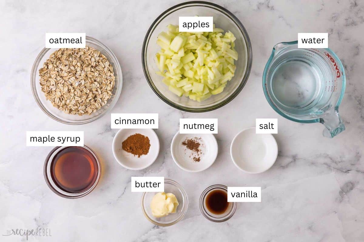 ingredients needed for apple cinnamon oatmeal in bowls.