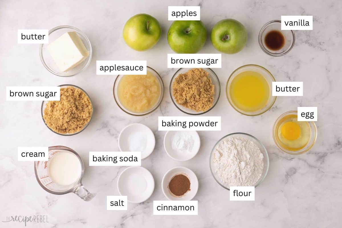 ingredients needed for apple upside down cake in bowls.