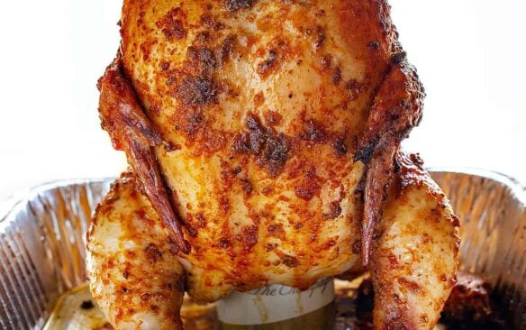 beer can chicken in a roasting pan