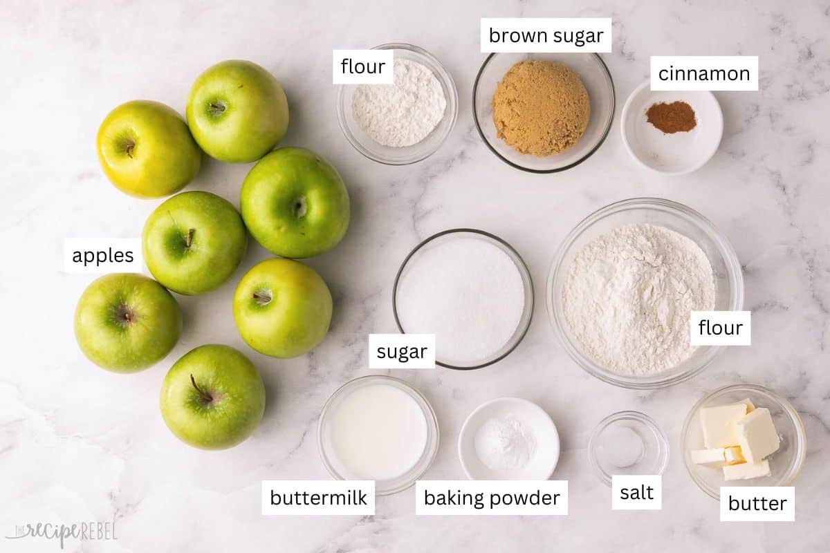 ingredients needed for caramel apple cobbler in bowls.
