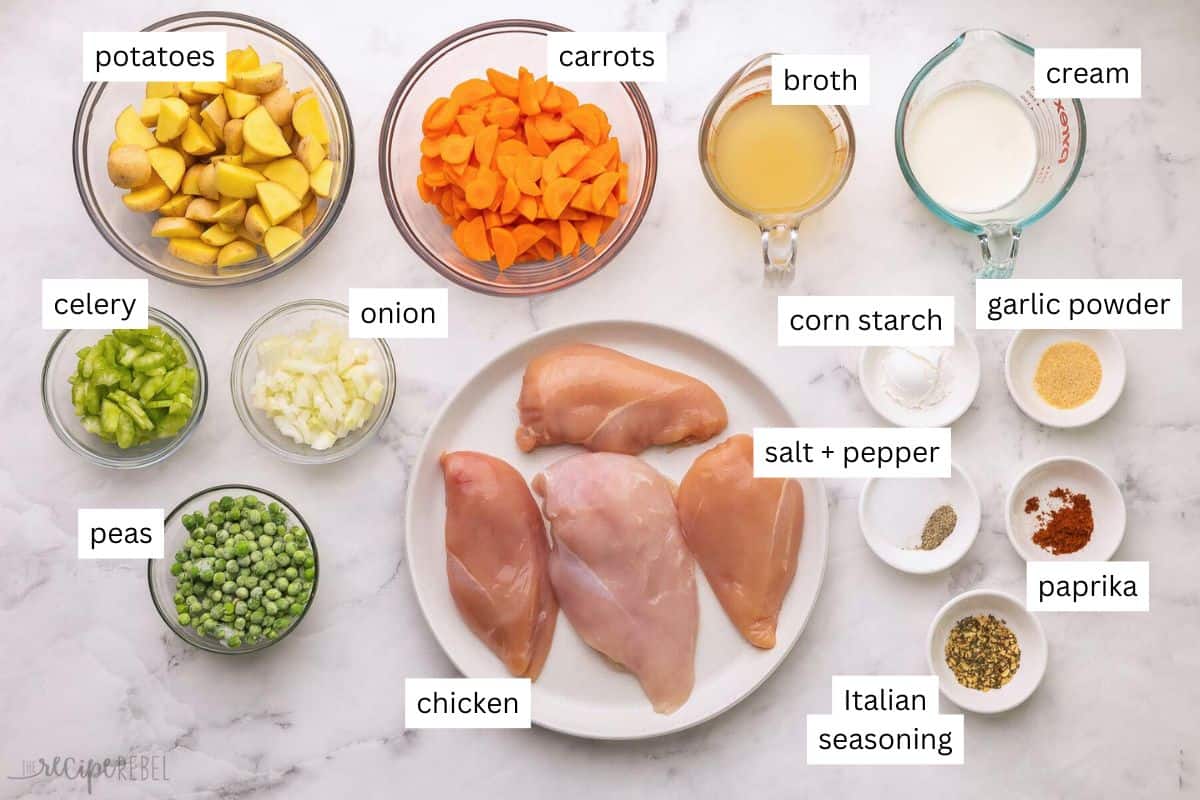 ingredients needed for creamy chicken casserole in bowls and plate.