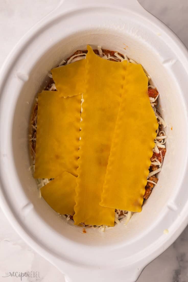lasagna noodle layer added to crocpot.