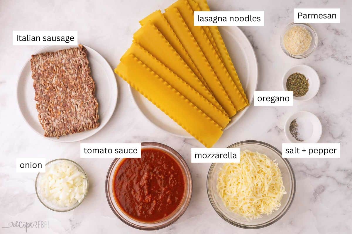 ingredients needed for crockpot lasagna in bowls and plates.