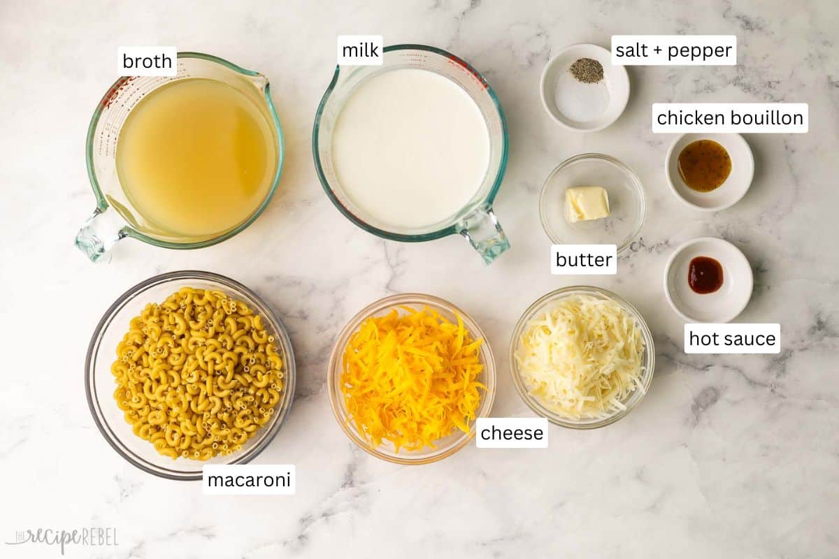 ingredients needed for homemade mac and cheese in bowls.