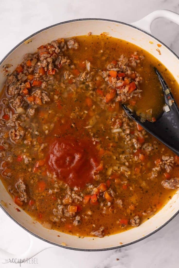 tomato sauce and broth added to ingredients in skillet.