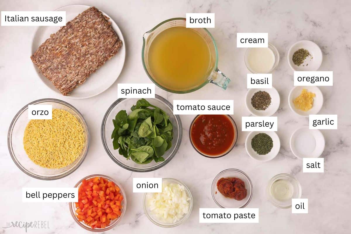ingredients needed for italian sausage orzo in bowls and plate.