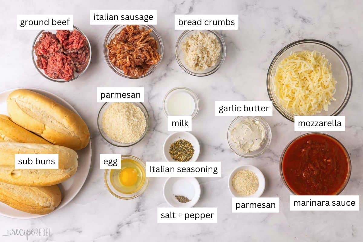 ingredients needed for meatball subs in bowls.
